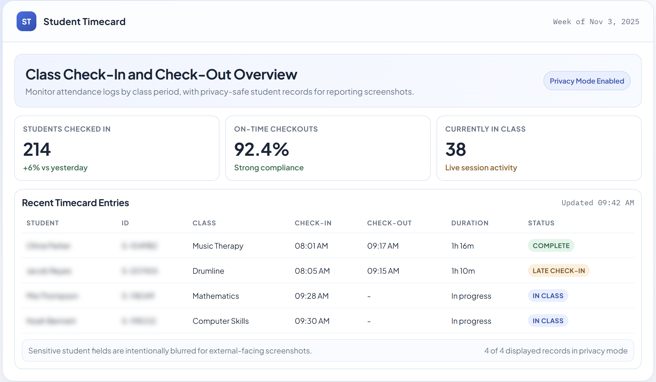 Timecard app for tracking student attendance